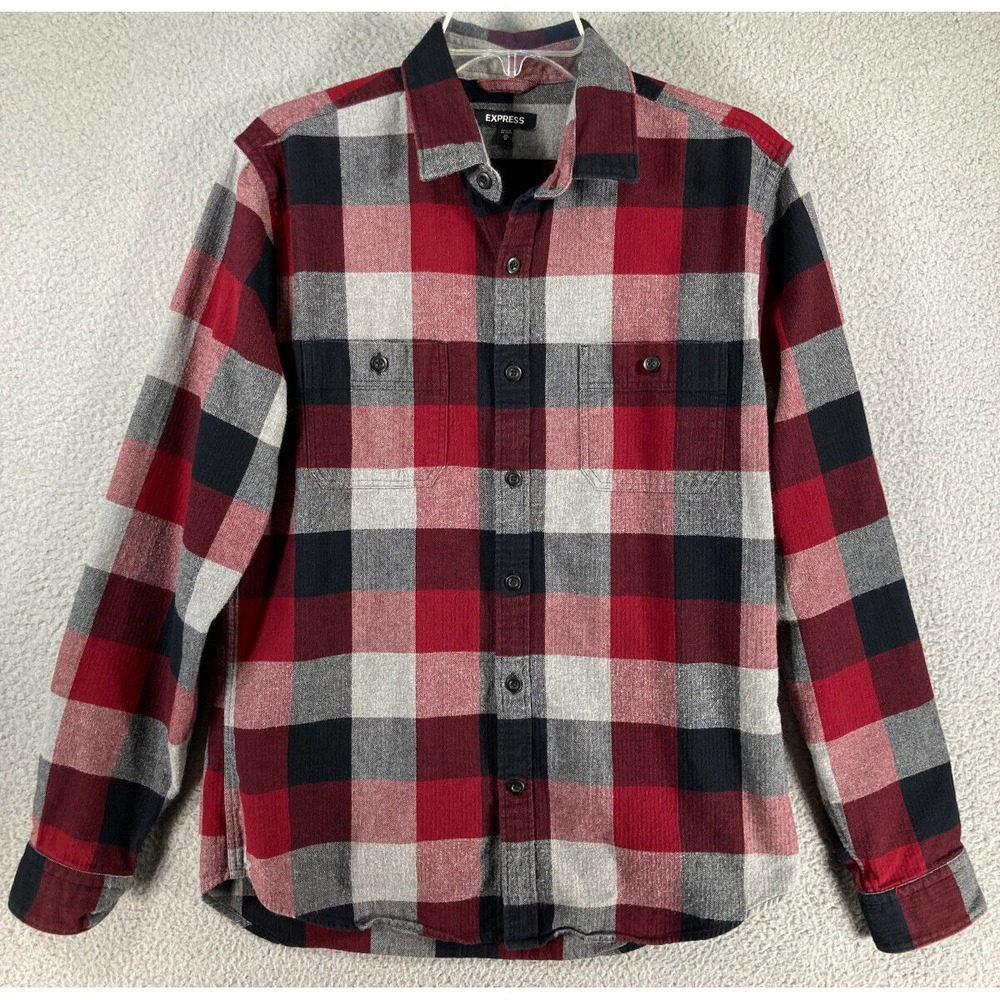 Express Shirt Men's Medium Red Black Check Flannel Long Sleeve Button Up